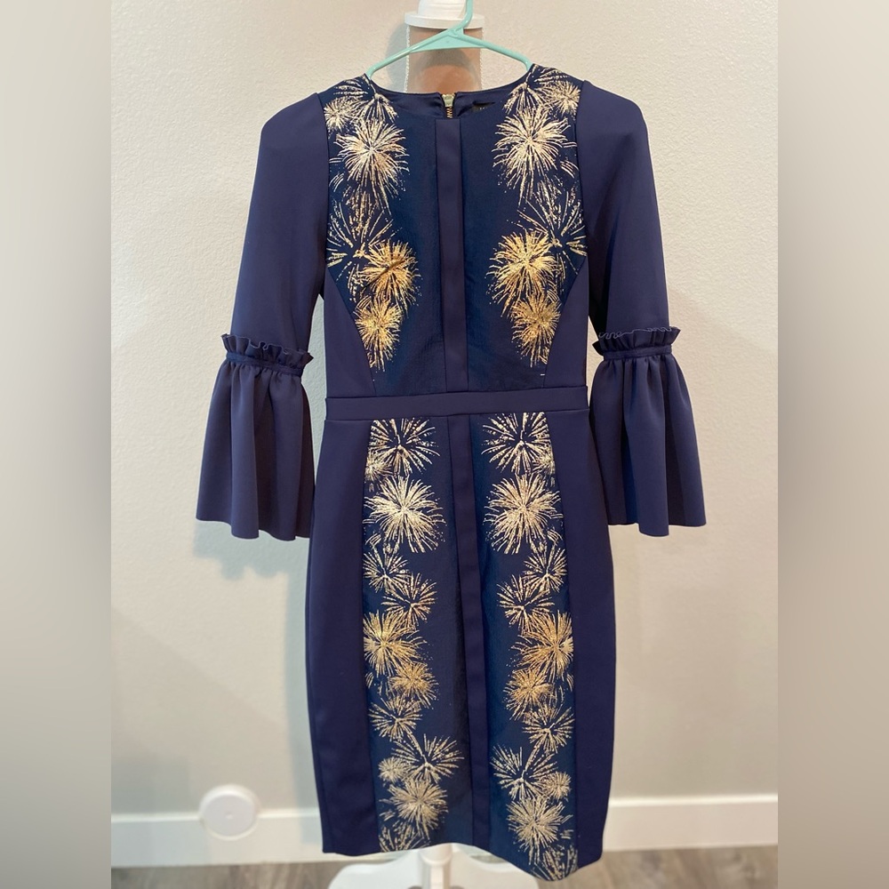 Ted Baker Navy and Gold Midi Dress